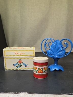 Vtg 1960s Ohio Art Co. Tin Recipe Box Folk Art Floral , Blue Metal Napkin Holder